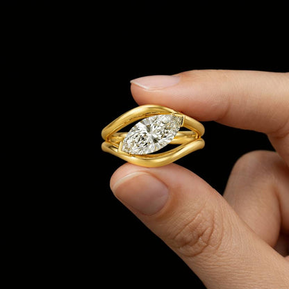Marquise Cut Lab Grown Diamond Engagement Ring, 14K Yellow Gold Bypass Solitaire Bridal Jewelry
