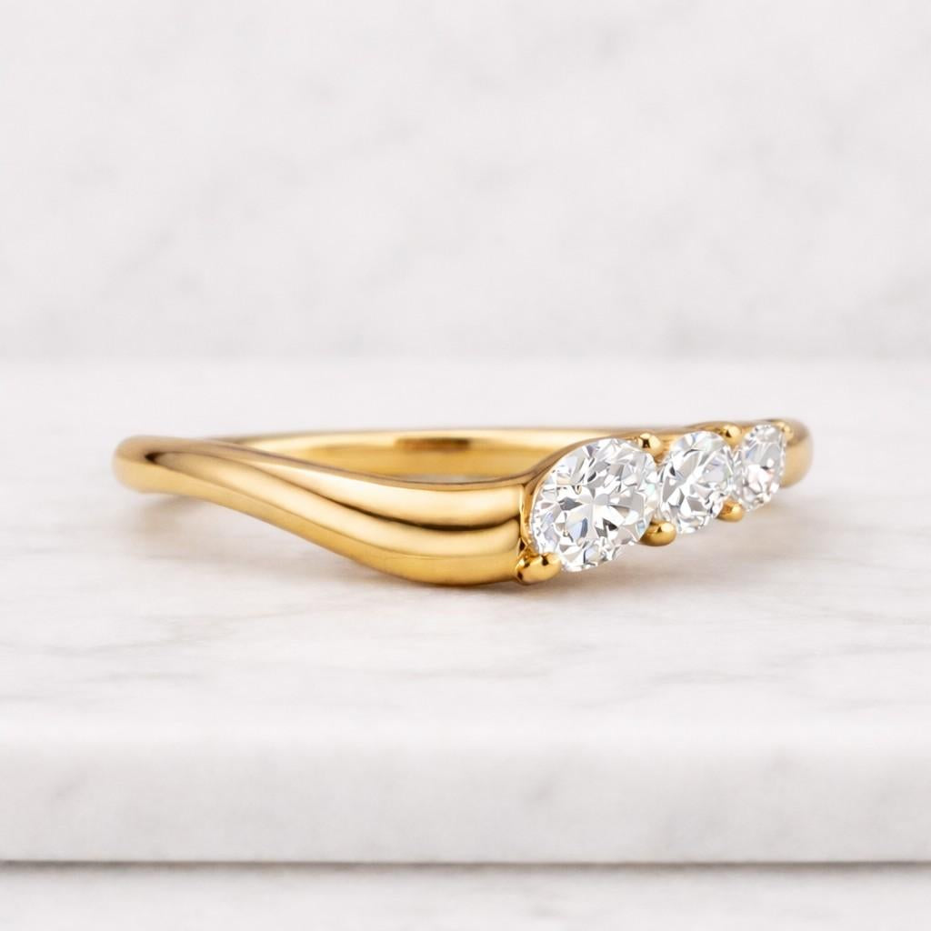 14k yellow gold pear & oval moissanite three stone ring, dainty engagement band

