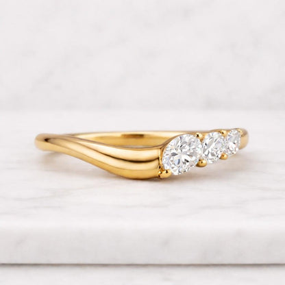 14K Yellow Gold Pear & Oval Moissanite Three Stone Ring, Dainty Engagement Band

