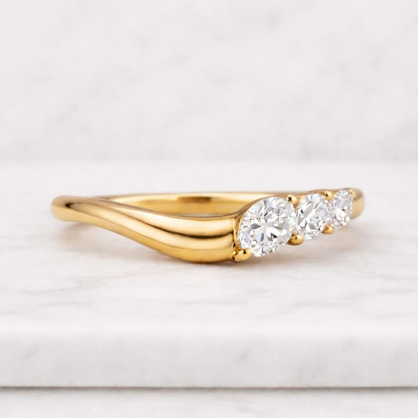 14K Yellow Gold Pear & Oval Moissanite Three Stone Ring, Dainty Engagement Band

