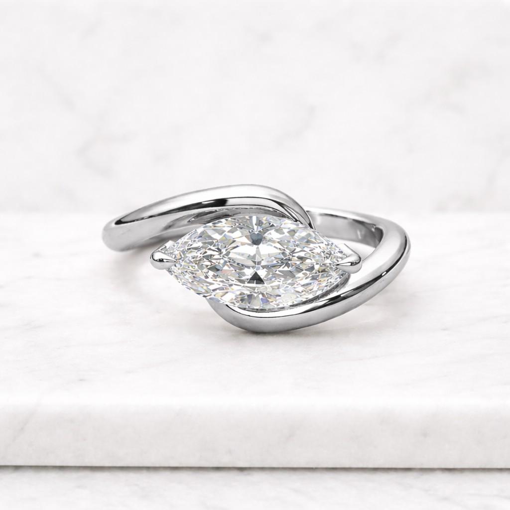 bypass style half bezel set ring, marquise cut lab grown engagement ring, curved solitaire ring, 14k yellow gold promise ring, gift for her