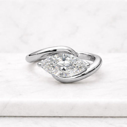 Bypass Style Half Bezel Set Ring, Marquise Cut Lab Grown Engagement Ring, Curved Solitaire Ring, 14K Yellow Gold Promise Ring, Gift for Her