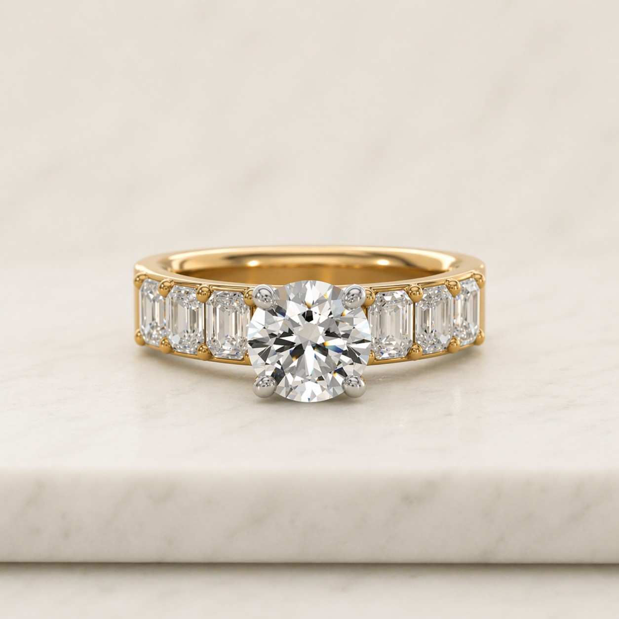 1.50CT Round Brilliant Cut Simulant Ring, 3 Stone Round With Baguette Diamond Ring, Solitaire Silver Engagement Ring, 4 Prong Wedding Ring
