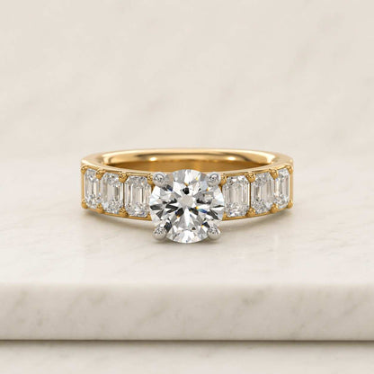 1.50CT Round Brilliant Cut Simulant Ring, 3 Stone Round With Baguette Diamond Ring, Solitaire Silver Engagement Ring, 4 Prong Wedding Ring
