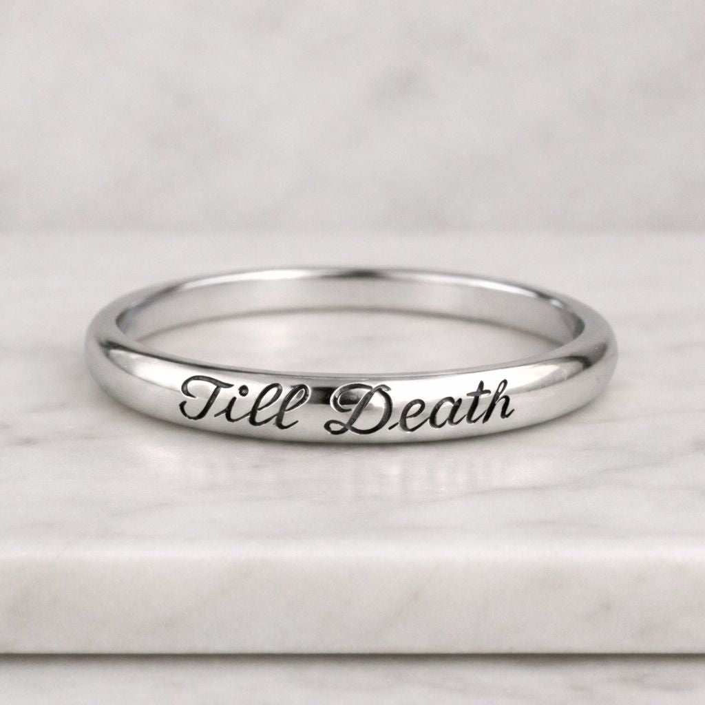 engraved rose gold wedding band with till death script thin minimalist ring for women stackable promise ring romantic anniversary jewelry modern bridal ring polished rose gold fashion band delicate everyday