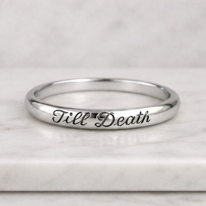 engraved rose gold wedding band with till death script thin minimalist ring for women stackable promise ring romantic anniversary jewelry modern bridal ring polished rose gold fashion band delicate everyday
