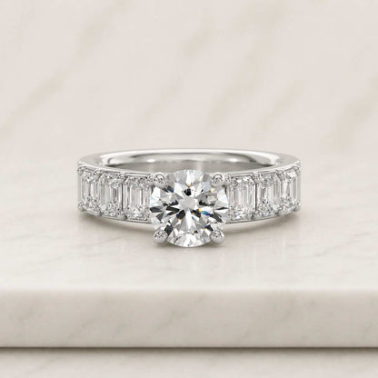3CT Round Cut Lab grown Diamond Engagement Ring IGI Certified Diamond Ring Three Stone Diamon Trilogy Diamond Ring Baguette Side Stone Ring
