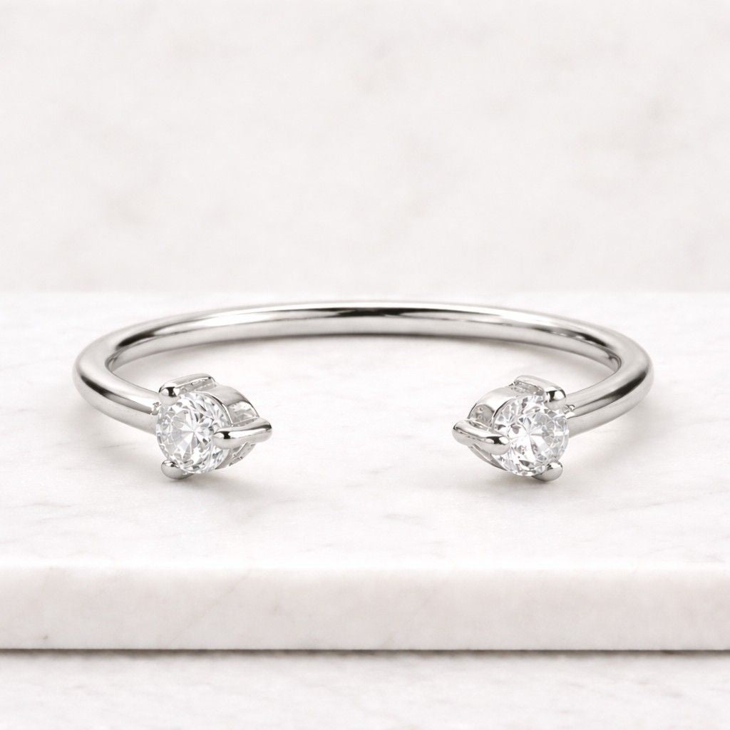 solid gold moissanite wedding band, round cut open cuff ring