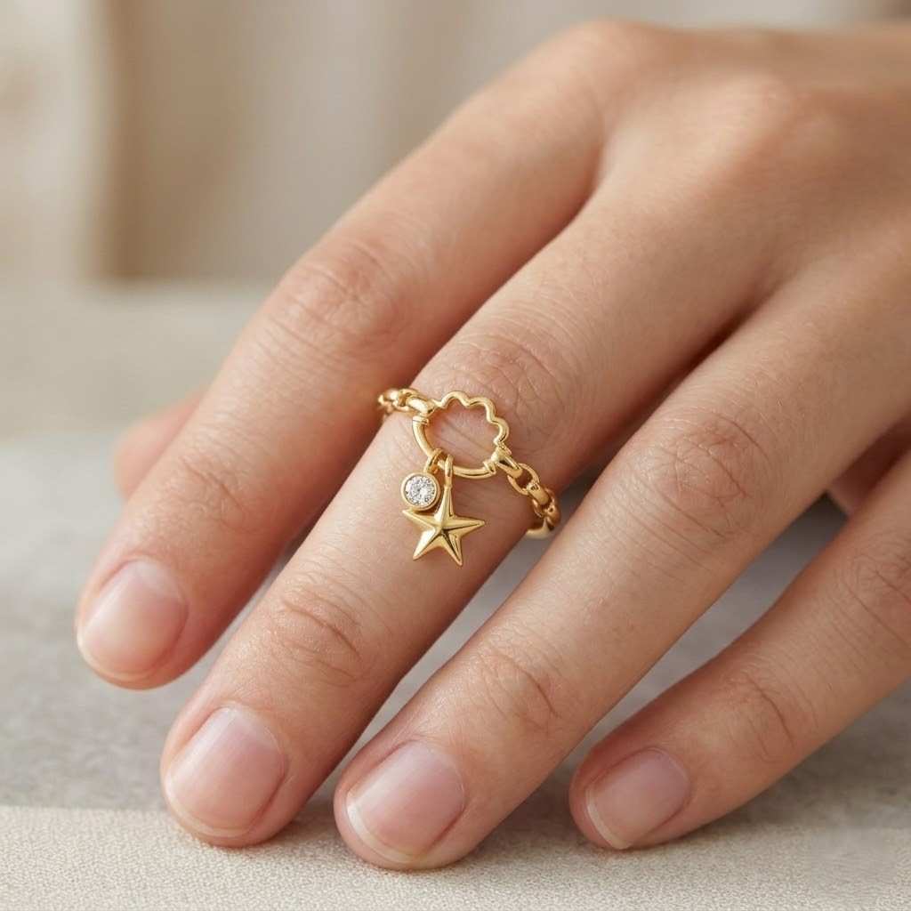 everyday jewelry stacking ring layering ring lightweight ring comfort fit polished ring shiny ring gold finish delicate charm whimsical ring dreamy jewelry