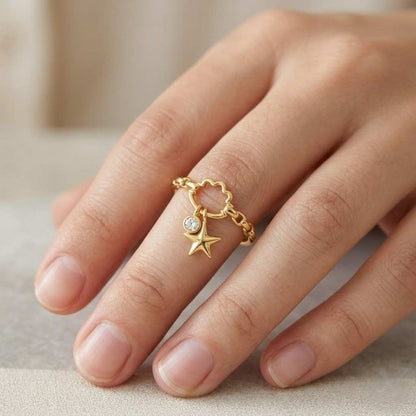 everyday jewelry stacking ring layering ring lightweight ring comfort fit polished ring shiny ring gold finish delicate charm whimsical ring dreamy jewelry