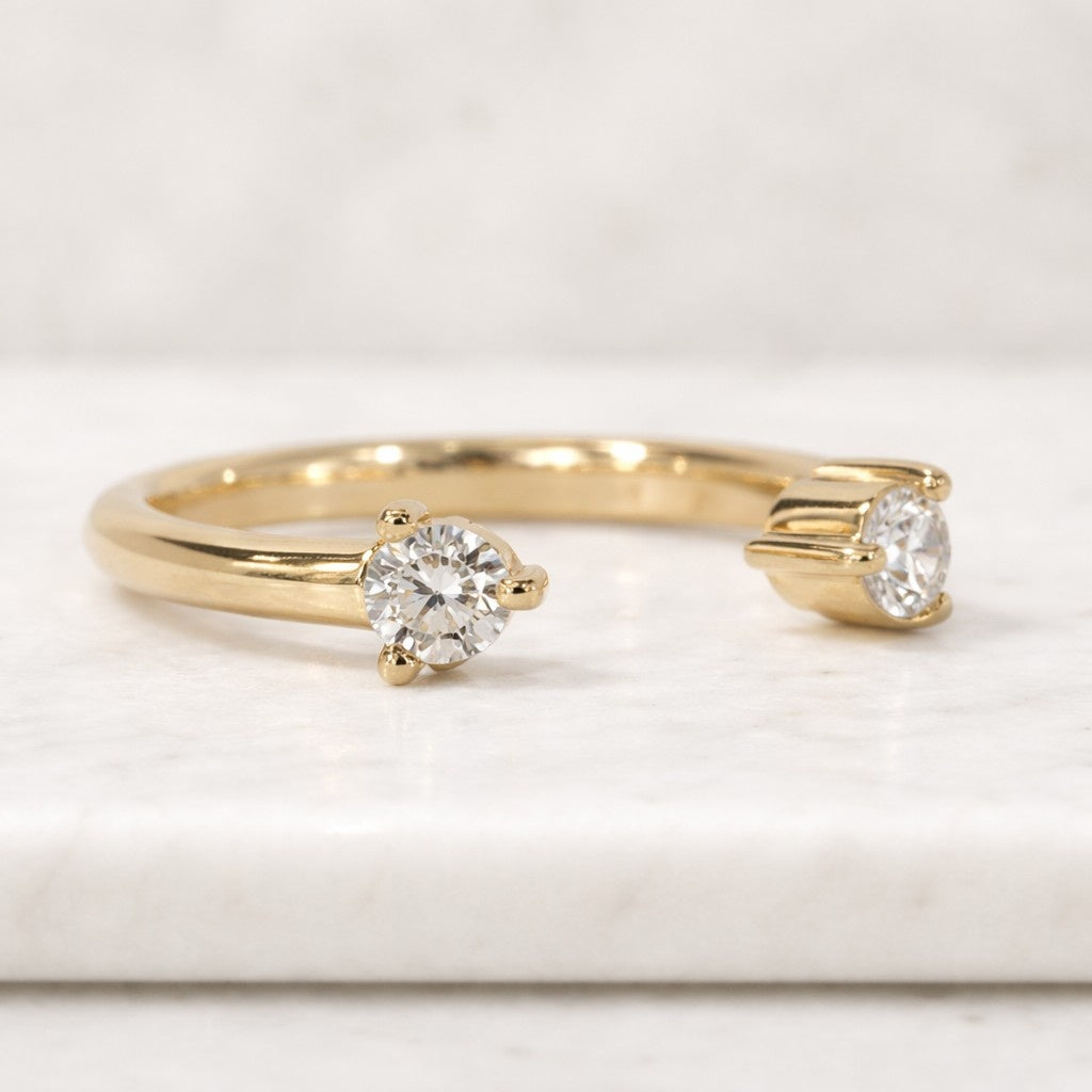 Open Diamond Ring, Minimalist Two Stone Ring, Round Diamond Open Band, Toi Et Moi Ring, Adjustable Gold Ring, Promise Ring

