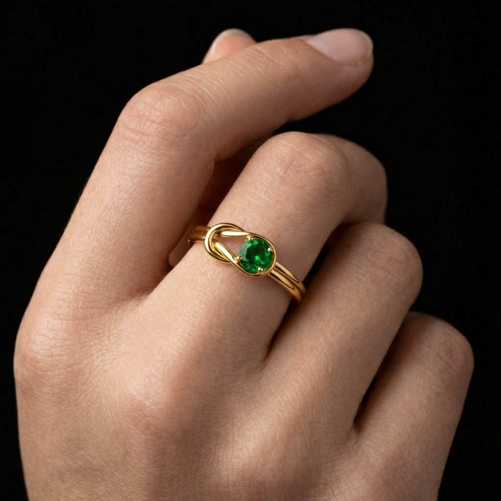 0.50 CT Round Cut Emerald Gemstone Knot Ring 14K White Gold Minimalist May Birthstone Ring Promise Ring Dainty Stacking Ring Gift For Her
