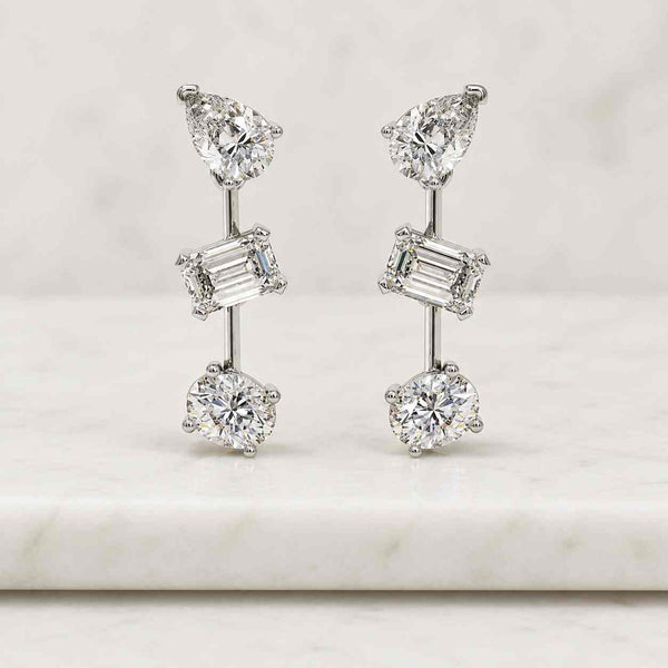 Three Stone Lab Grown Diamond Drop Earring, Oval And Pear Cut Lab Grown Diamonds Earring, Dangle Bridal Earring, 14k Solid Gold Wedding Gift
