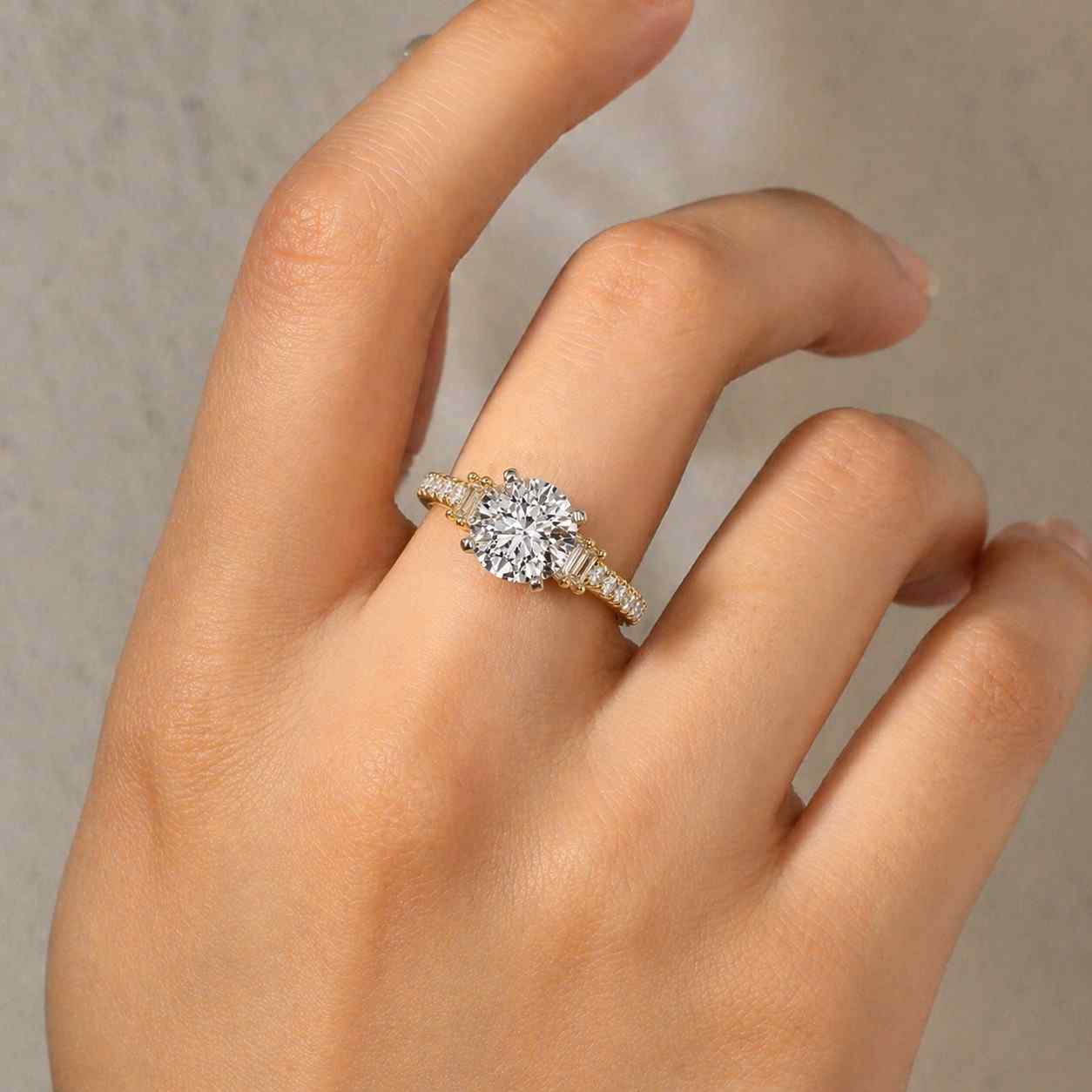Engagement ring with a 2-carat solitaire diamond in a halo cathedral setting with a sparkling pavé band, diamond, gold, handmade, vintage luxury
