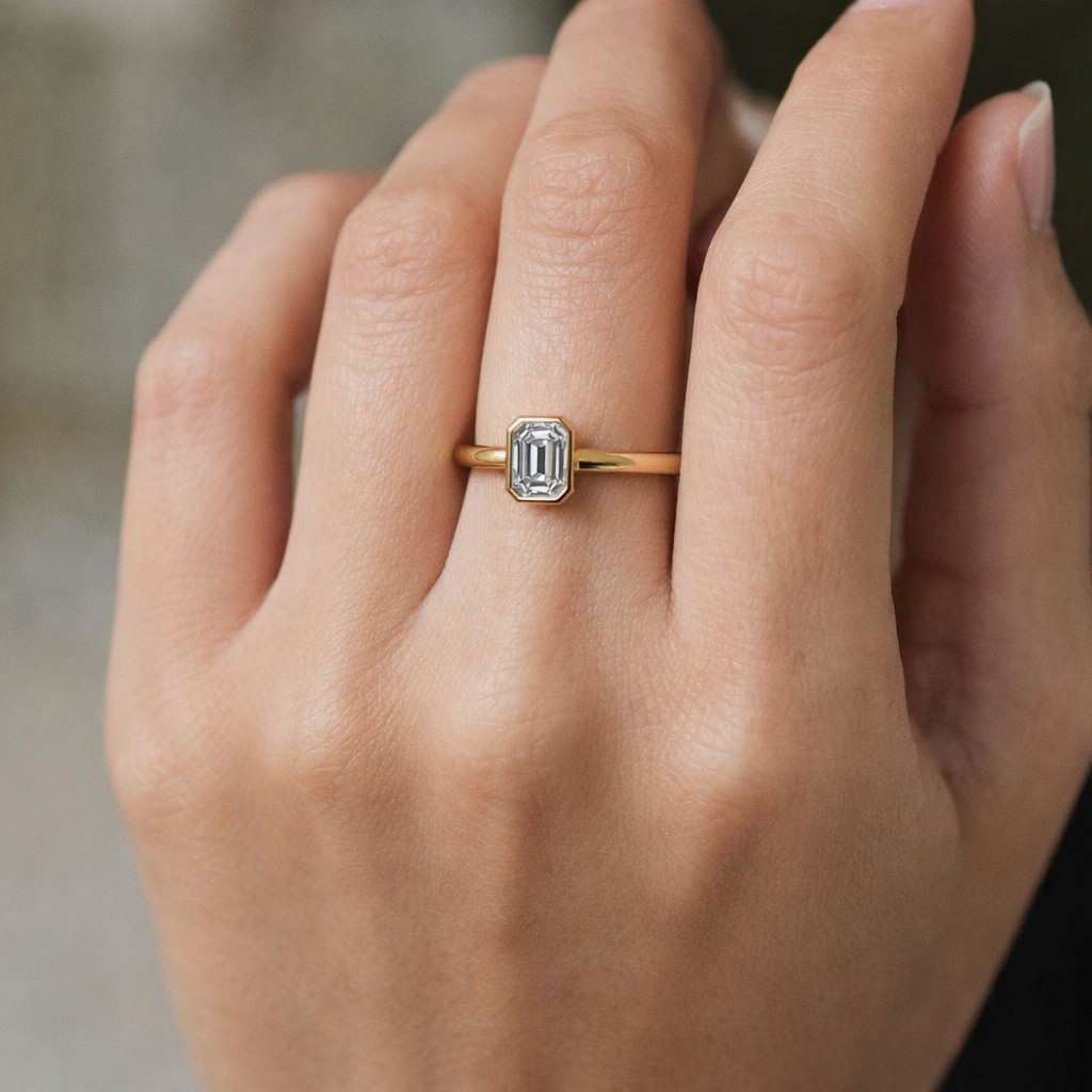3 carat e color vvs2 clarity igi certified emerald cut lab grown diamond bezel set solitaire engagement ring 14k yellow gold 2mm
