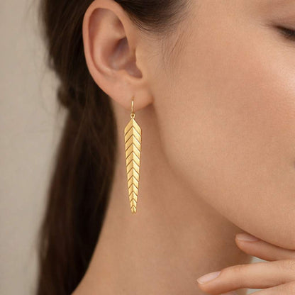 Gold Earrings, 14K Solid Gold Fishtail Earrings, Dainty Long Chevron Earrings, Elegant Dangle Long Drop Earrings, Minimalist Shaped Earrings
