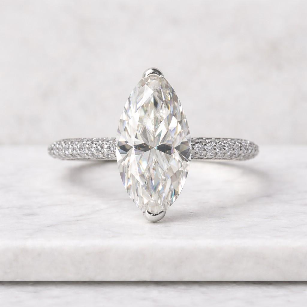 3 ct marquise cut moissanite engagement ring with pave band, 18k gold ring for anniversary gift, proposal ring, hidden halo ring for her
