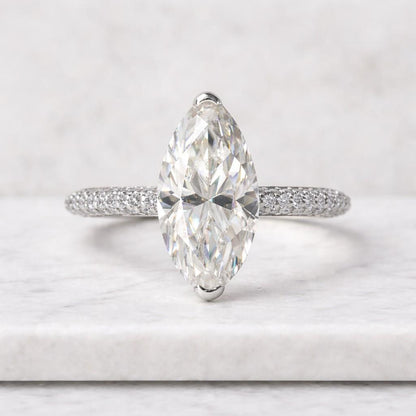 3 CT Marquise Cut Moissanite Engagement Ring with pave band, 18K Gold Ring for anniversary gift, Proposal ring, Hidden halo ring for her
