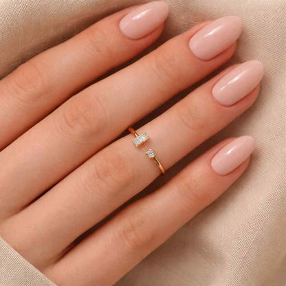 Baguette Cut And Round Cut Lab Grown Diamond Ring, 14K Gold Open Cuff Minimalist Bezel Set Diamond Ring, Dainty Stacking Ring Gift for Her
