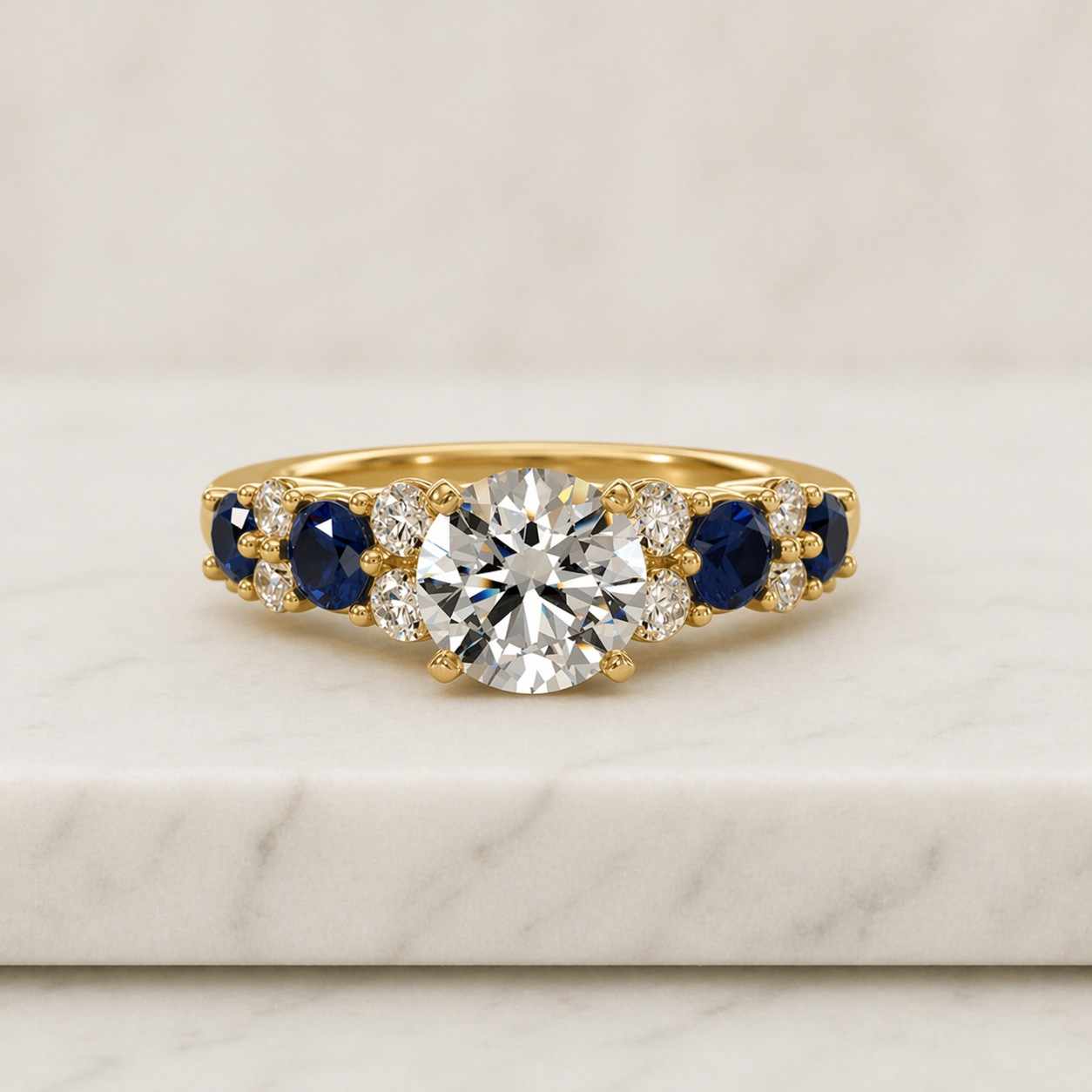 Diamond and Sapphire Gemstone Engagement Ring 14K Solid Gold Round Cut Center Diamond Blue Sapphire Side Stones Bridal Ring Gift For Her
