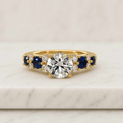 Diamond and Sapphire Gemstone Engagement Ring 14K Solid Gold Round Cut Center Diamond Blue Sapphire Side Stones Bridal Ring Gift For Her
