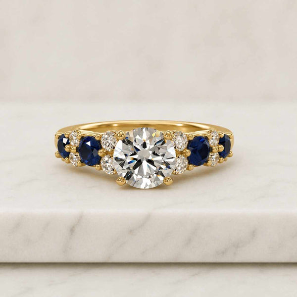 Diamond and Sapphire Gemstone Engagement Ring 14K Solid Gold Round Cut Center Diamond Blue Sapphire Side Stones Bridal Ring Gift For Her
