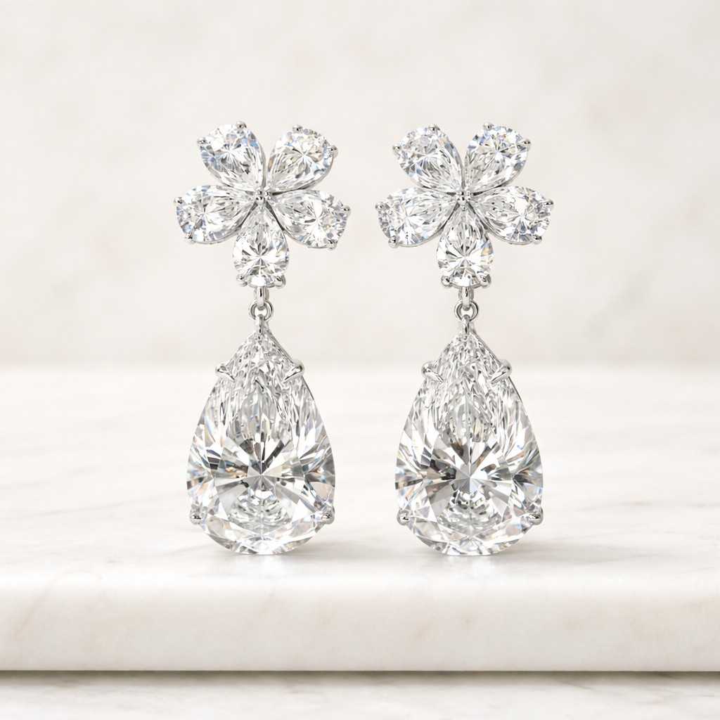 floral drop earrings pear earrings cubic zirconia earrings gold drop earrings bridal drop earrings statement jewelry luxury jewelry crystal jewelry flower studs dangling earrings