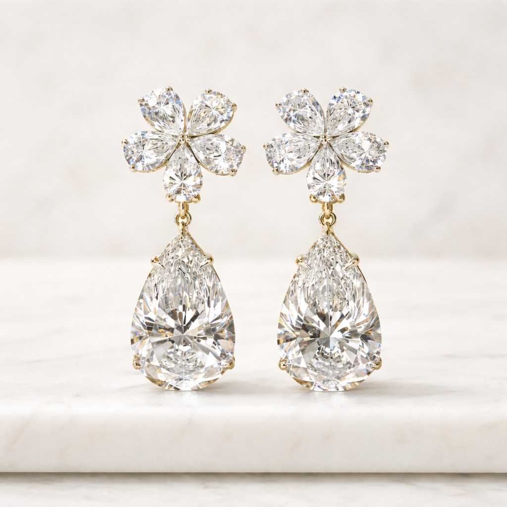 flower earrings pear drop earrings crystal earrings bridal earrings statement earrings dangle earrings gold earrings luxury earrings women earrings floral earrings teardrop earrings
