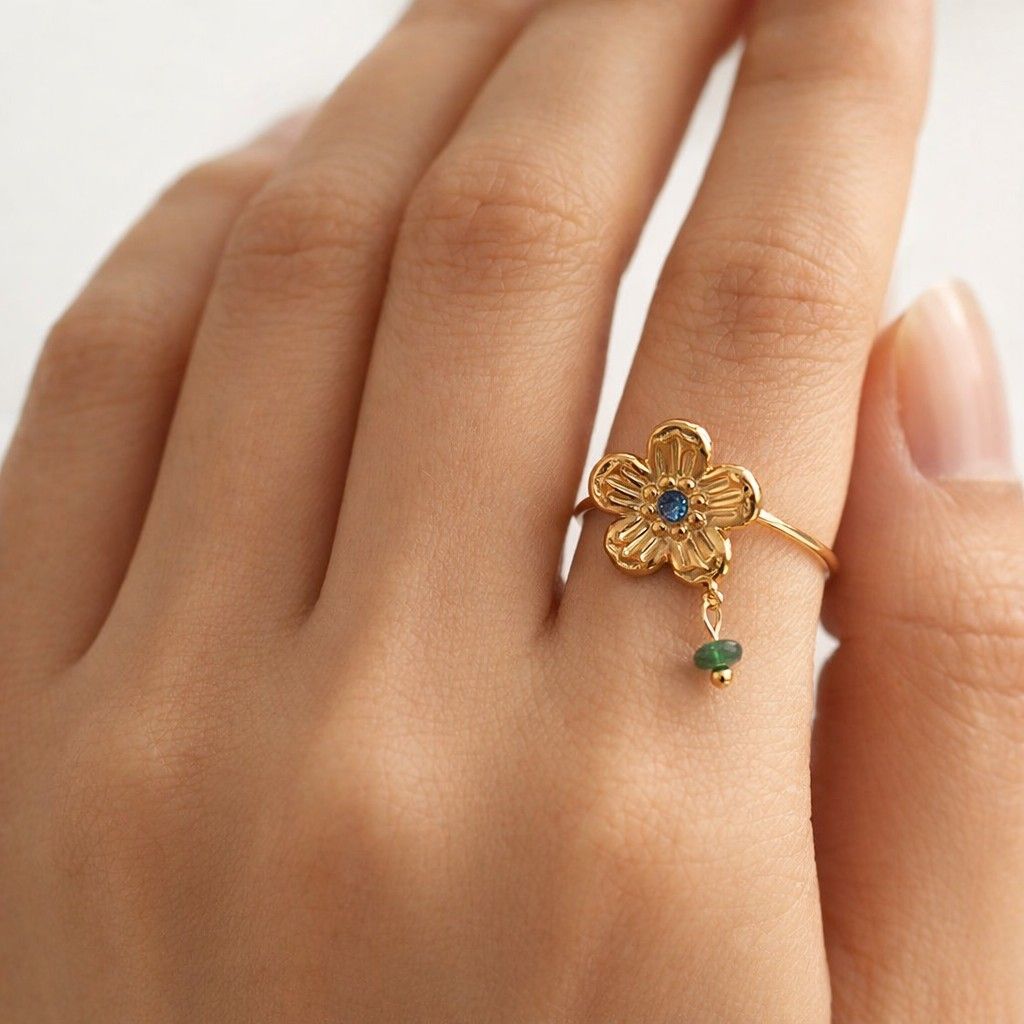flower lover gift garden jewelry nature inspired ring blooming ring petal jewelry floral fashion open cuff ring adjustable cuff ring bead drop ring dangling bead ring pink accent ring