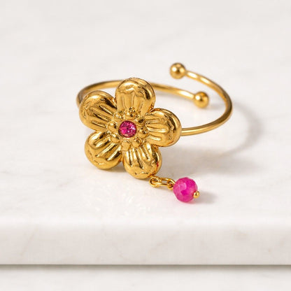 flower ring floral ring gold flower ring adjustable ring open band ring pink stone ring blossom ring daisy ring flower jewelry nature ring botanical ring cute ring women ring