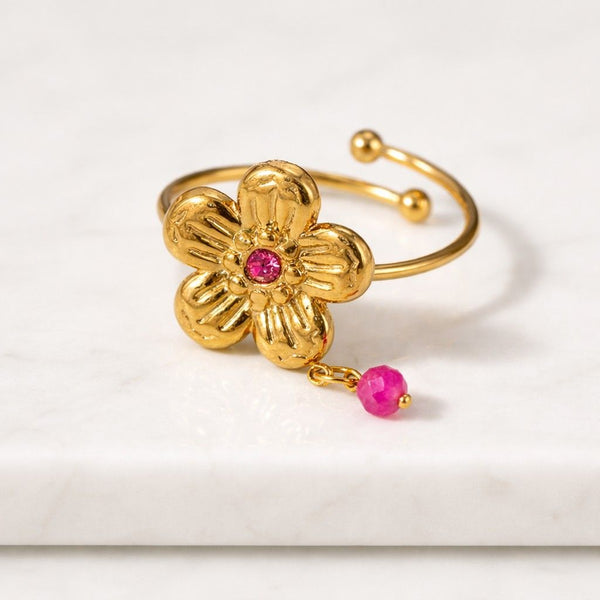 flower ring floral ring gold flower ring adjustable ring open band ring pink stone ring blossom ring daisy ring flower jewelry nature ring botanical ring cute ring women ring