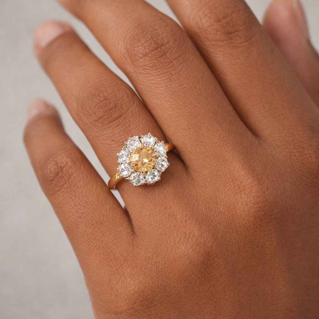 Round Cut Flower Inspired Cluster Engagement Ring, Floral Halo Moissanite Ring In 14K Yellow Gold, Anniversary Promise Gift Ring For Women's