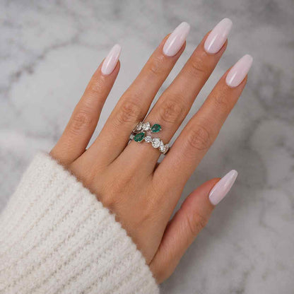 5X4mm Pear Emerald Diamond Toi et Moi Ring 10k Yellow Gold, Green Pear Cut Cluster Ring, Pave Diamond Open Cuff Ring, May Birthstone Jewelry
