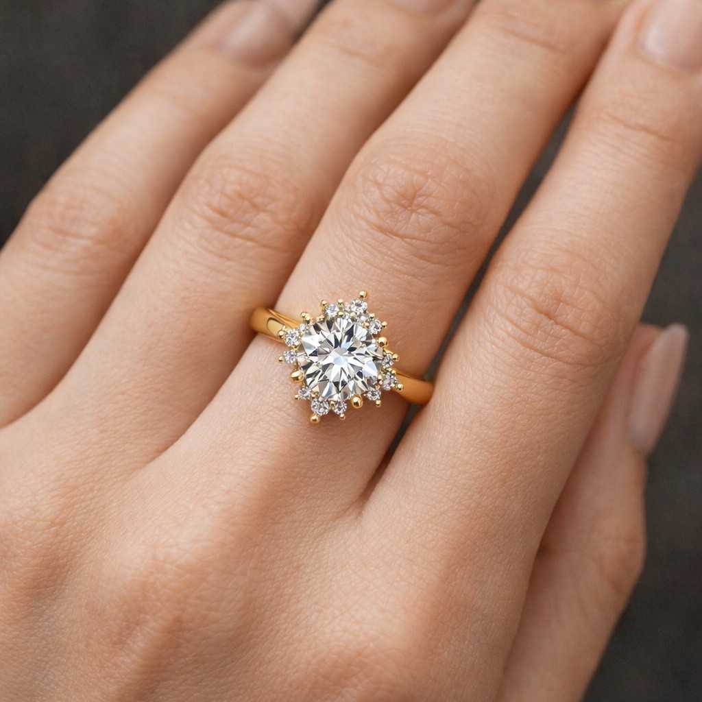 round cut lab grown diamond ring vintage diamond cluster flower engagement ring art deco halo unique proposal ring statement ring for her
