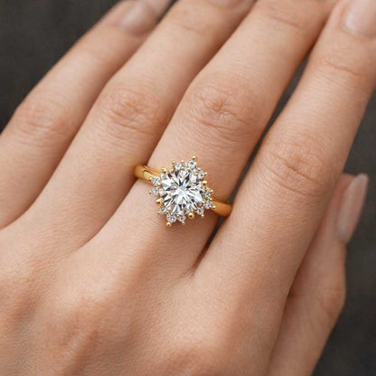 Round Cut Lab Grown Diamond Ring Vintage Diamond Cluster Flower Engagement Ring Art Deco Halo Unique Proposal Ring Statement Ring For Her
