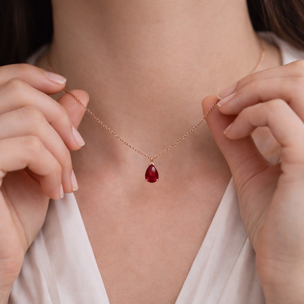 Pear Shaped Red Ruby Necklace, July Birthstone Teardrop Pendant, Women Anniversary Bridal Gift, Valentines, Solid Silver Gold Or Platinum