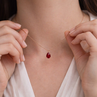 Pear Shaped Red Ruby Necklace, July Birthstone Teardrop Pendant, Women Anniversary Bridal Gift, Valentines, Solid Silver Gold Or Platinum
