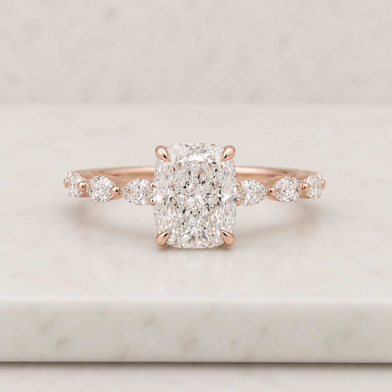 3.00ct radiant cut lab grown diamond or moissanite engagement ring, hidden-halo, pavé-band, 14k-gold
