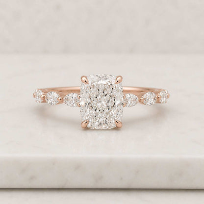3.00Ct Radiant Cut Lab Grown Diamond or Moissanite Engagement Ring, Hidden-Halo, Pavé-Band, 14k-Gold
