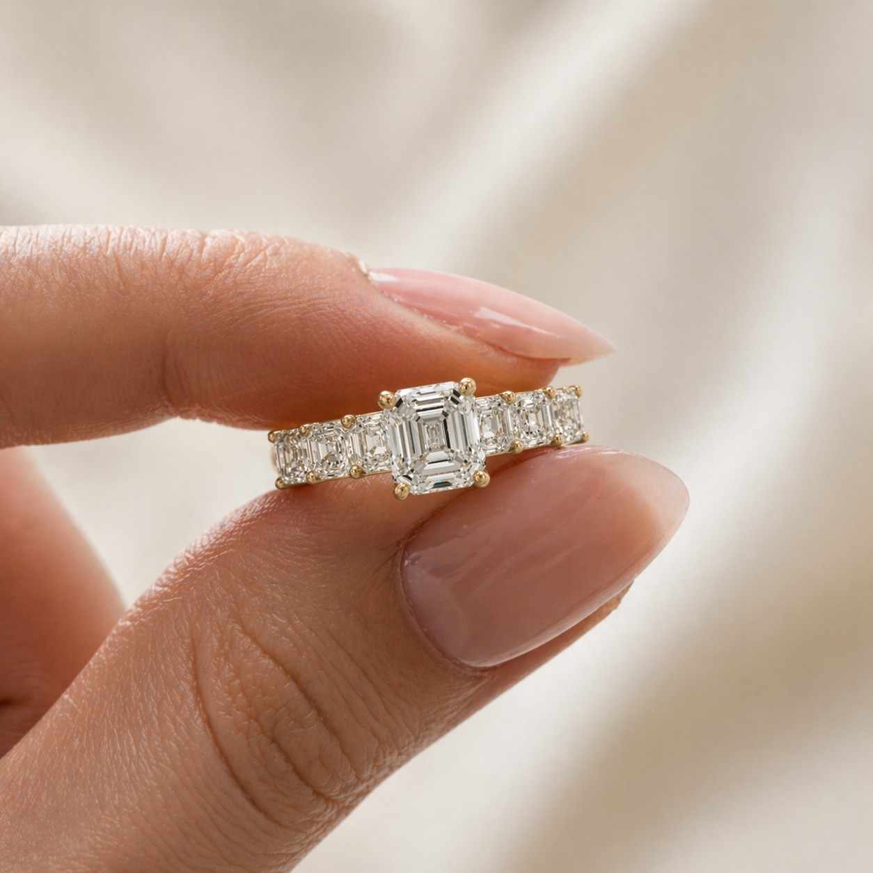 Princess Cut Moissanite Engagement Ring, Pave Diamond Band Ring, Gold Solitaire Ring, Minimalist Wedding Ring, Luxury Promise Ring
