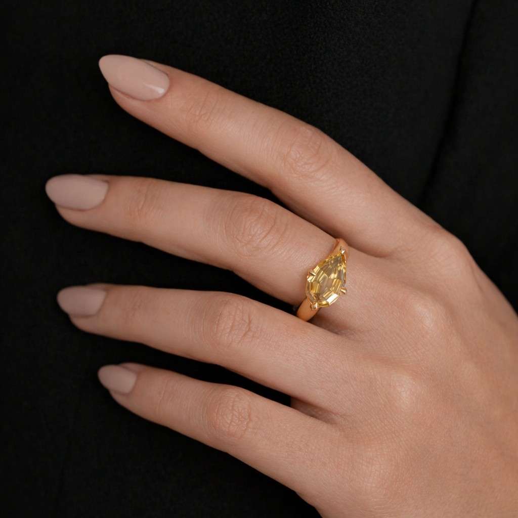 pear cut lab grown diamond east west engagement ring, 14k solid gold solitaire curved wave band, unique teardrop minimalist bridal ring