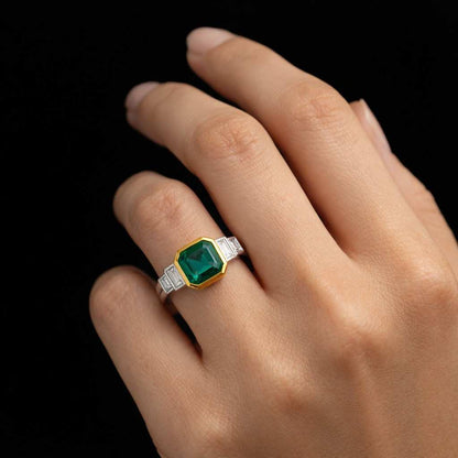 6.00 Ctw Lab Grown Asscher Cut Colombian Emerald and Trapezoid Diamond Three Stone Engagement Ring in 14k Gold