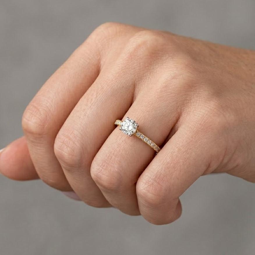 3 carat round cut lab grown diamond engagement ring, pavé prongs setting & side stones, 14k gold