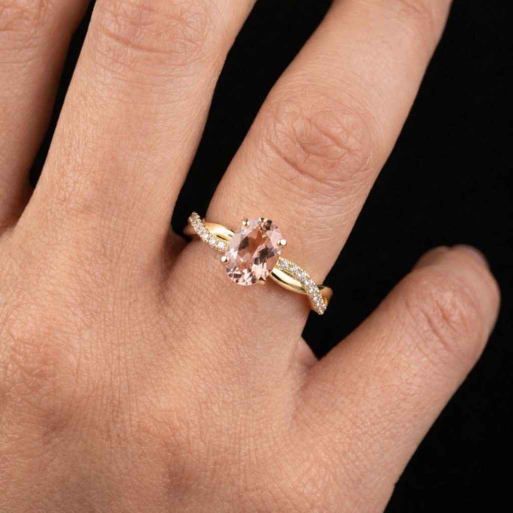 fancy pink oval lab grown diamond halo engagement ring, solid 14k white gold pavé diamond wedding ring, bridal anniversary gift ring for her