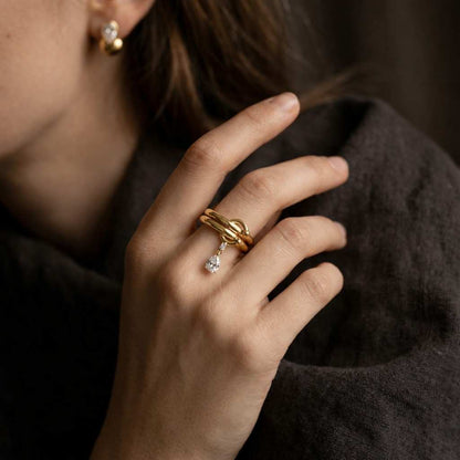 Dainty Gold Diamond Charm Ring | Delicate Solid Gold Bezel Set Diamond Dangle Ring | Minimalist Stacking Fine Jewelry Gift for Her