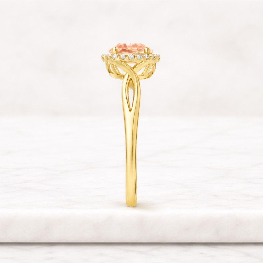 solid gold round cut lab pink sapphire engagement ring, half paved floral ring