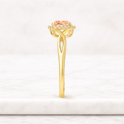 Solid Gold Round Cut Lab Pink Sapphire Engagement Ring, Half Paved Floral Ring
