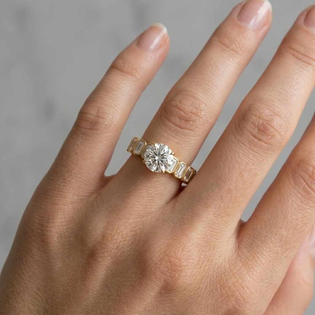 emerald & round cut lab grown diamond band, solid gold half eternity ring 2ct round cut diamond engagement hidden halo ring, vintage inspired milgrain wedding ring, classic bridal ring, filigree style proposal ring

