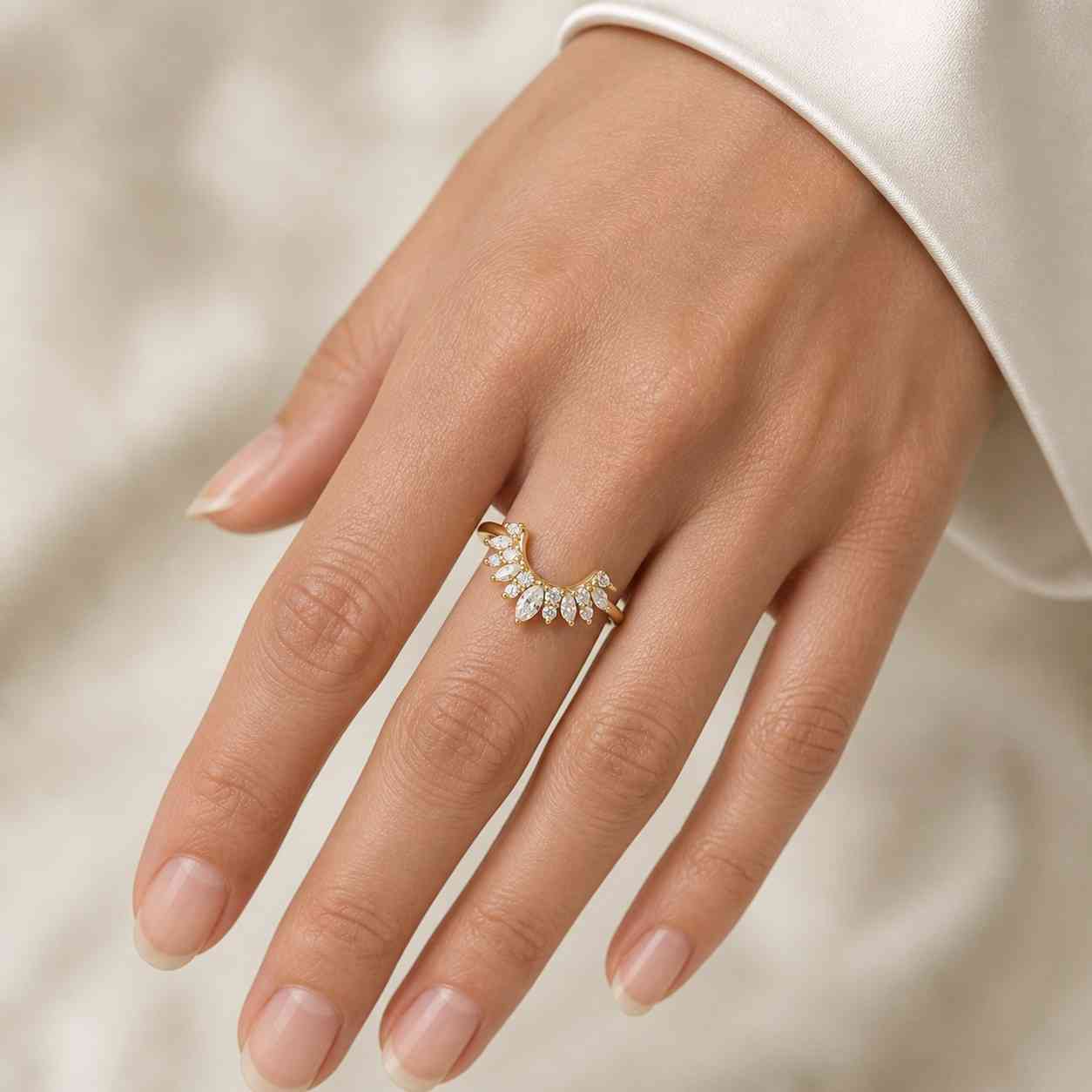 custom curved wedding band women's vintage gold marquise cut diamond wedding band real lab grown diamond marquise bridal stacking ring