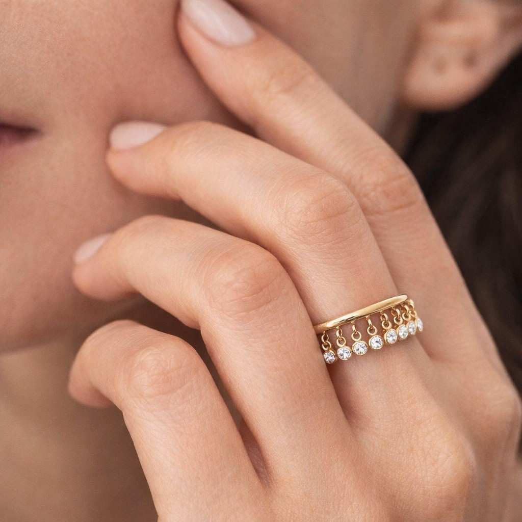 gold charm ring crystal dangle ring bezel crystal ring hanging stone ring tassel ring circle charm ring modern ring minimalist ring chic ring cute ring feminine ring sparkle ring